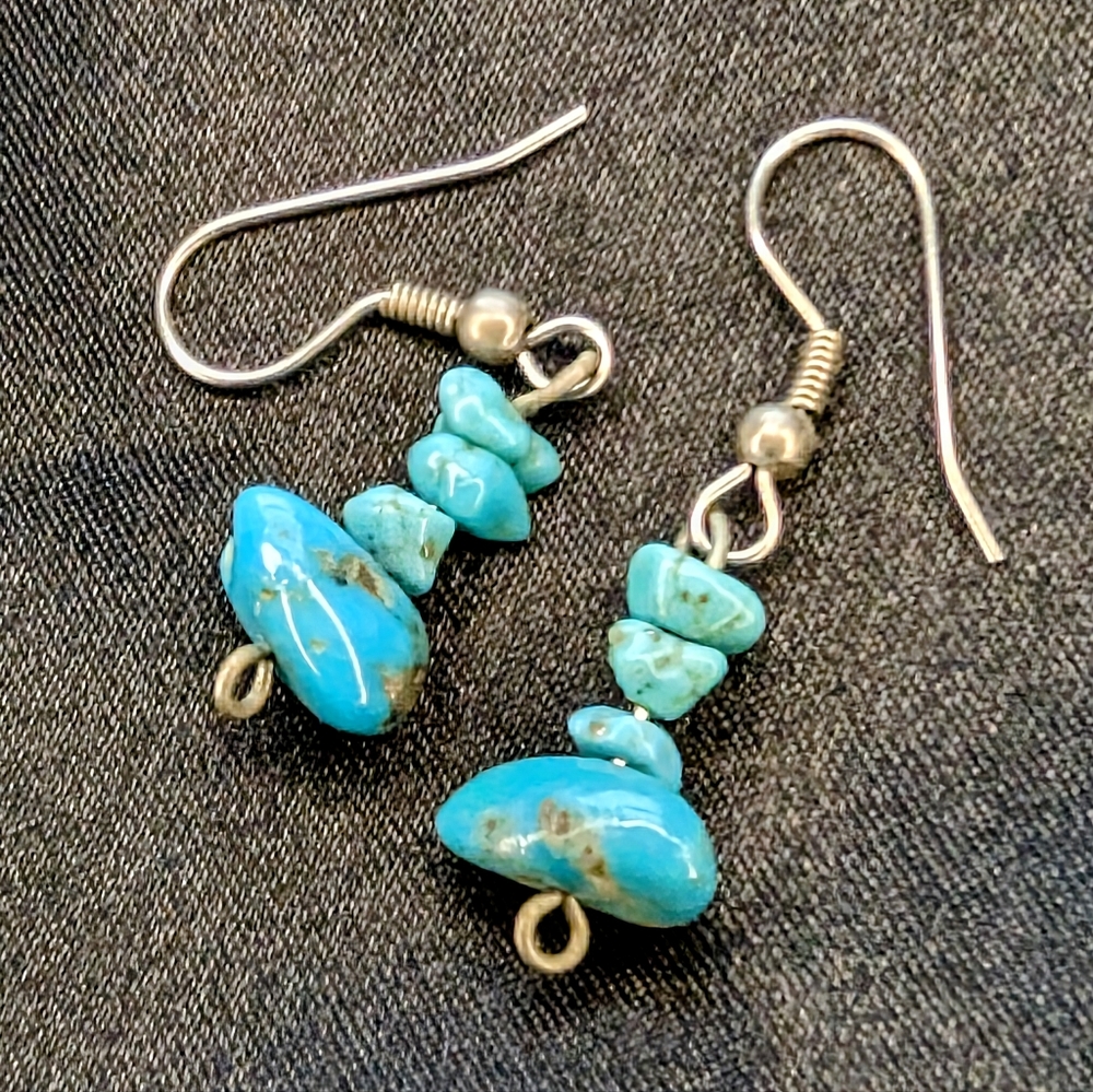 Handmade Natural Turquoise Dangle Earrings, Boho Chic, Silver Hooks